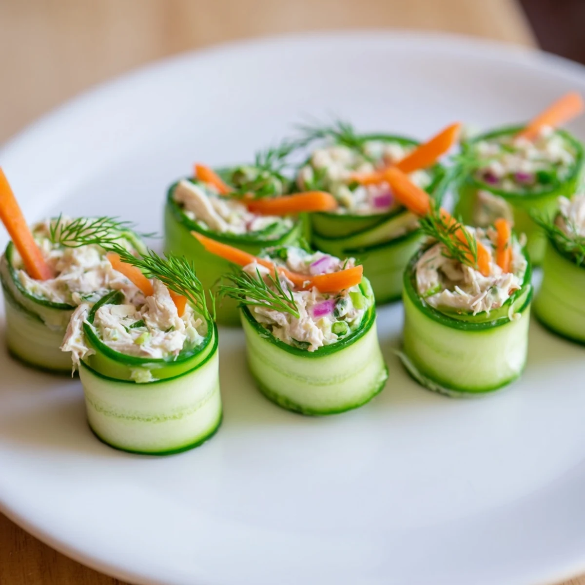 Creamy chicken salad rolled inside crisp cucumber ribbons for a light, refreshing appetizer