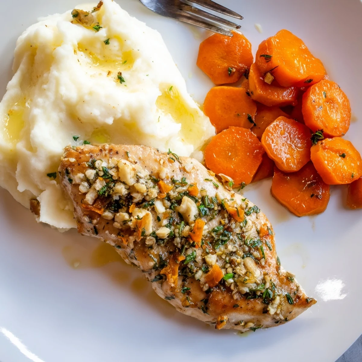 Homemade garlic herb chicken with creamy mashed potatoes and caramelized honey carrots garnished with fresh parsley