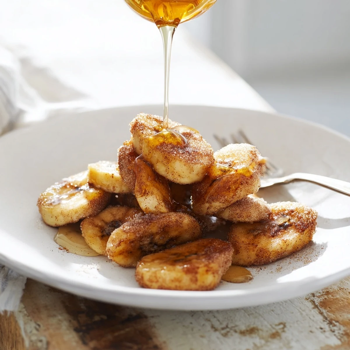 Golden pan fried cinnamon bananas sizzling in a skillet with melted butter