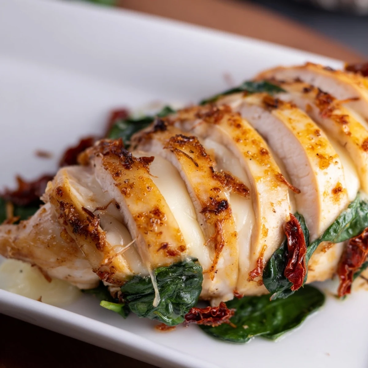 Baked Hasselback chicken stuffed with spinach and cheese served on a white plate with fresh herbs