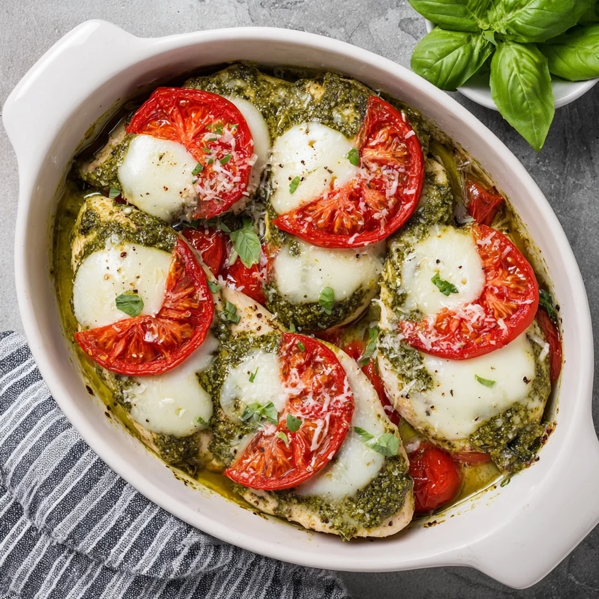Golden melted mozzarella and ripe tomatoes top juicy Baked Pesto Caprese Chicken fresh from the oven