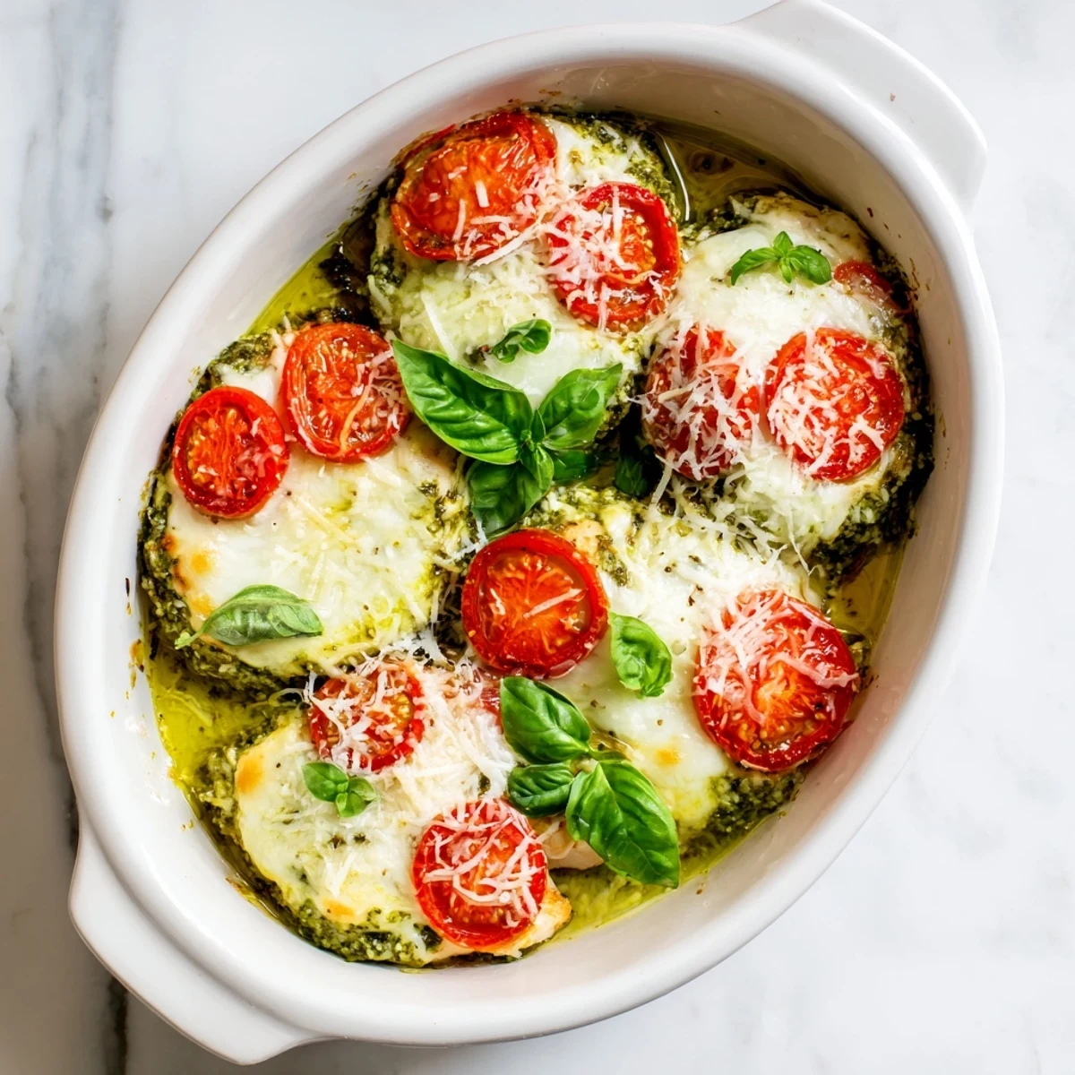 Savory pesto glazed chicken breast layered with mozzarella and tomato slices in a bubbling baking dish