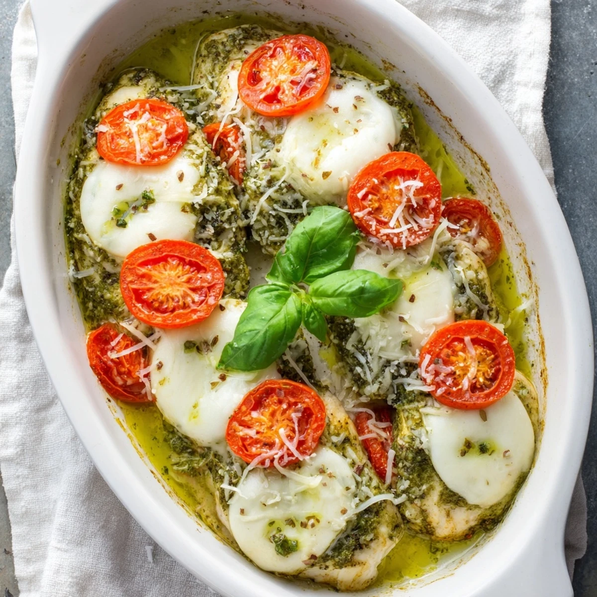 Italian-inspired Baked Pesto Caprese Chicken with fresh basil garnish ready for a gluten-free dinner table