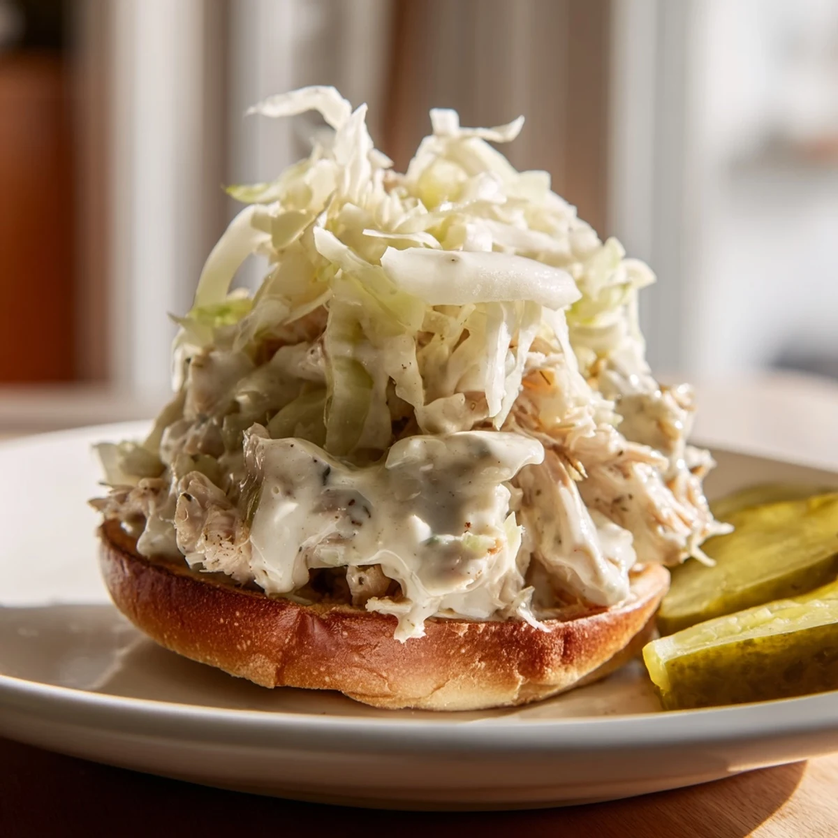 Chopped BBQ chicken sandwich drizzled with tangy Alabama white sauce on toasted bun