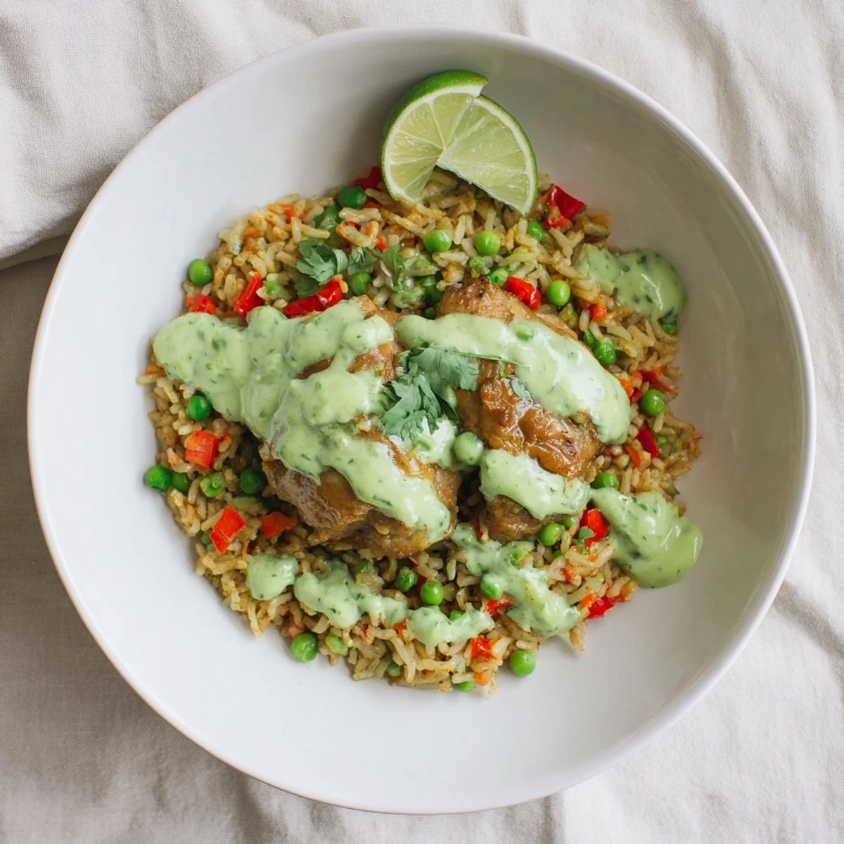 Comforting Peruvian chicken rice bowl topped with creamy herbaceous aji verde sauce