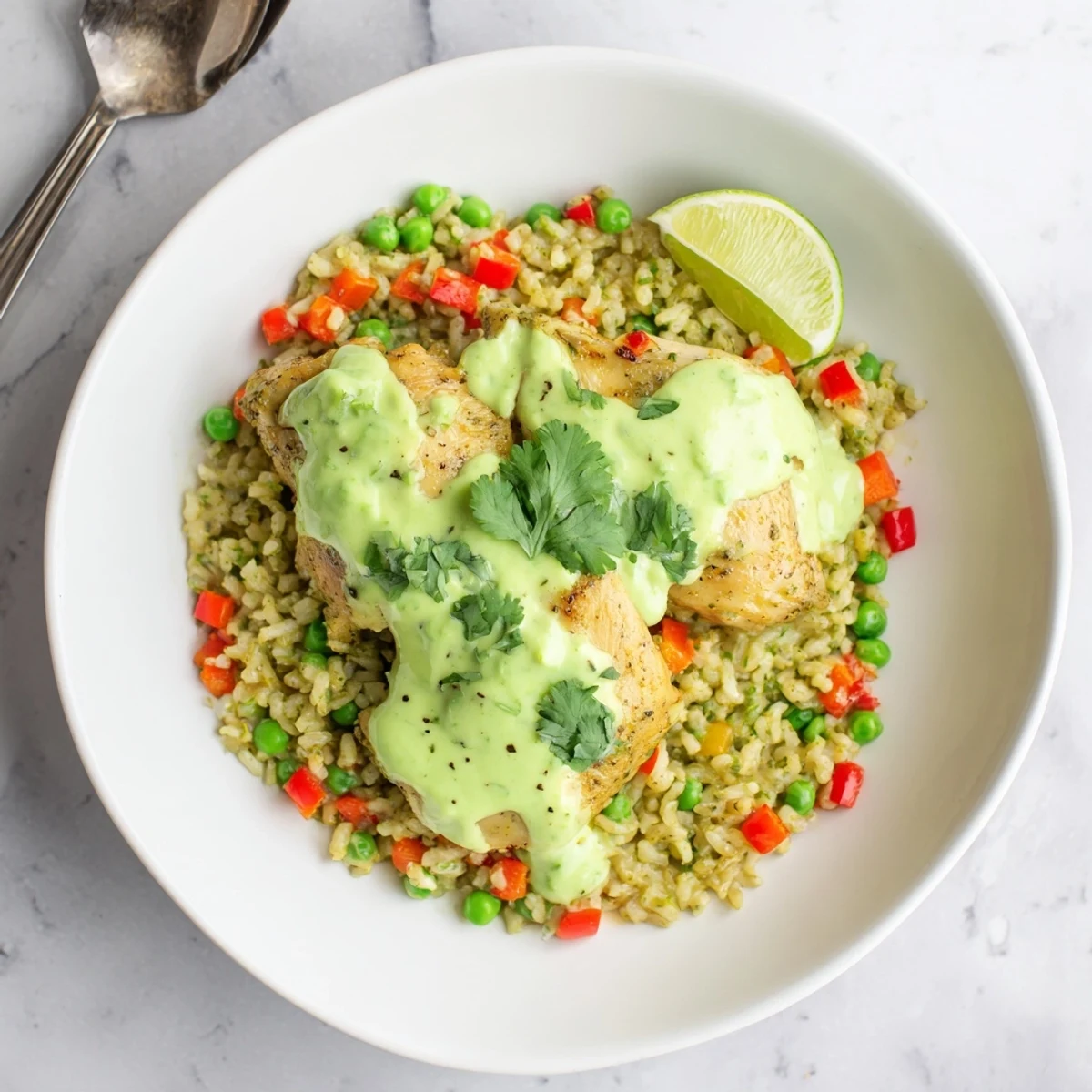 Savory Peruvian chicken rice plated with zesty green sauce and fresh lime garnish