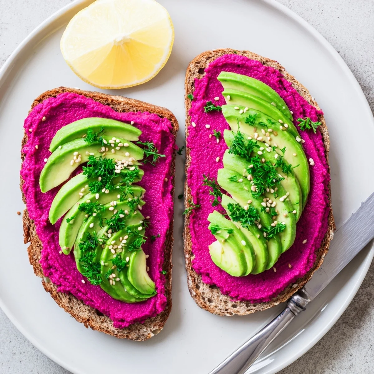 Golden brown avocado beet hummus toast topped with fresh avocado slices and sesame seeds