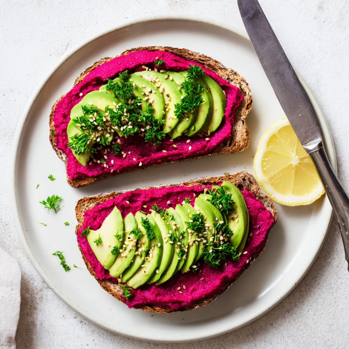 Vibrant pink beet hummus spread on crispy toast with layered ripe avocado and parsley garnish