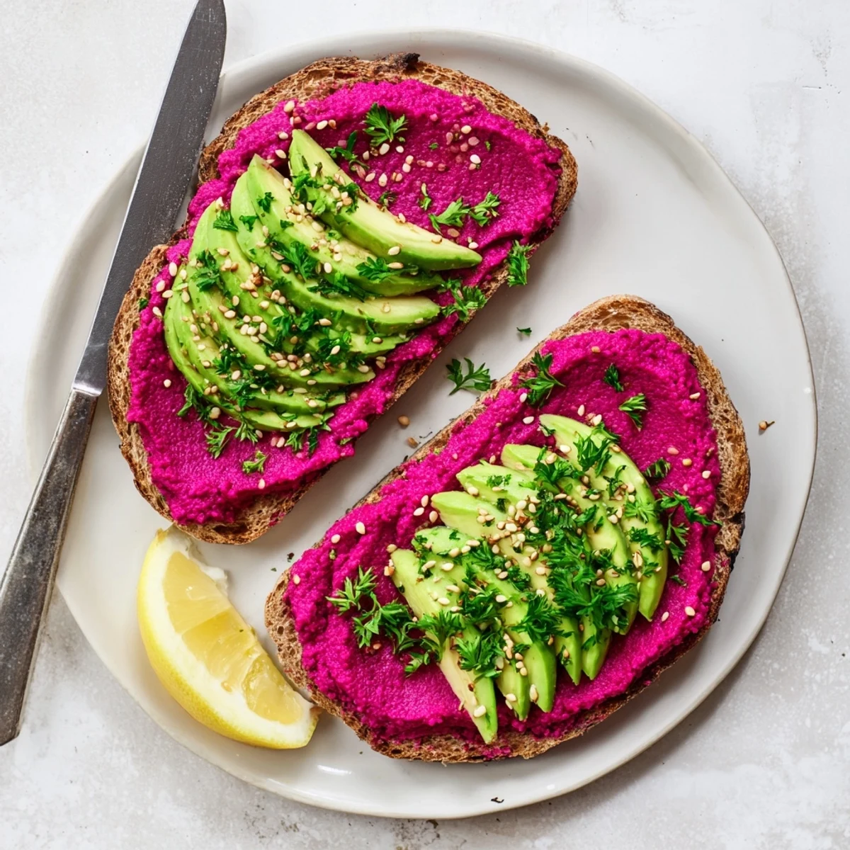 Mediterranean-inspired open-faced sandwich featuring creamy avocado and bright beet hummus on whole grain bread