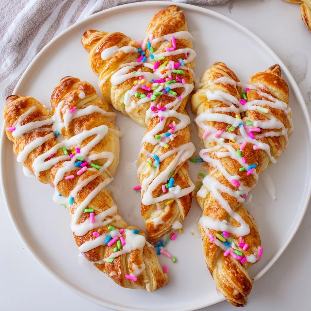 Golden Easter Bunny Twists pastry drizzled with white icing and colorful sprinkles on platter