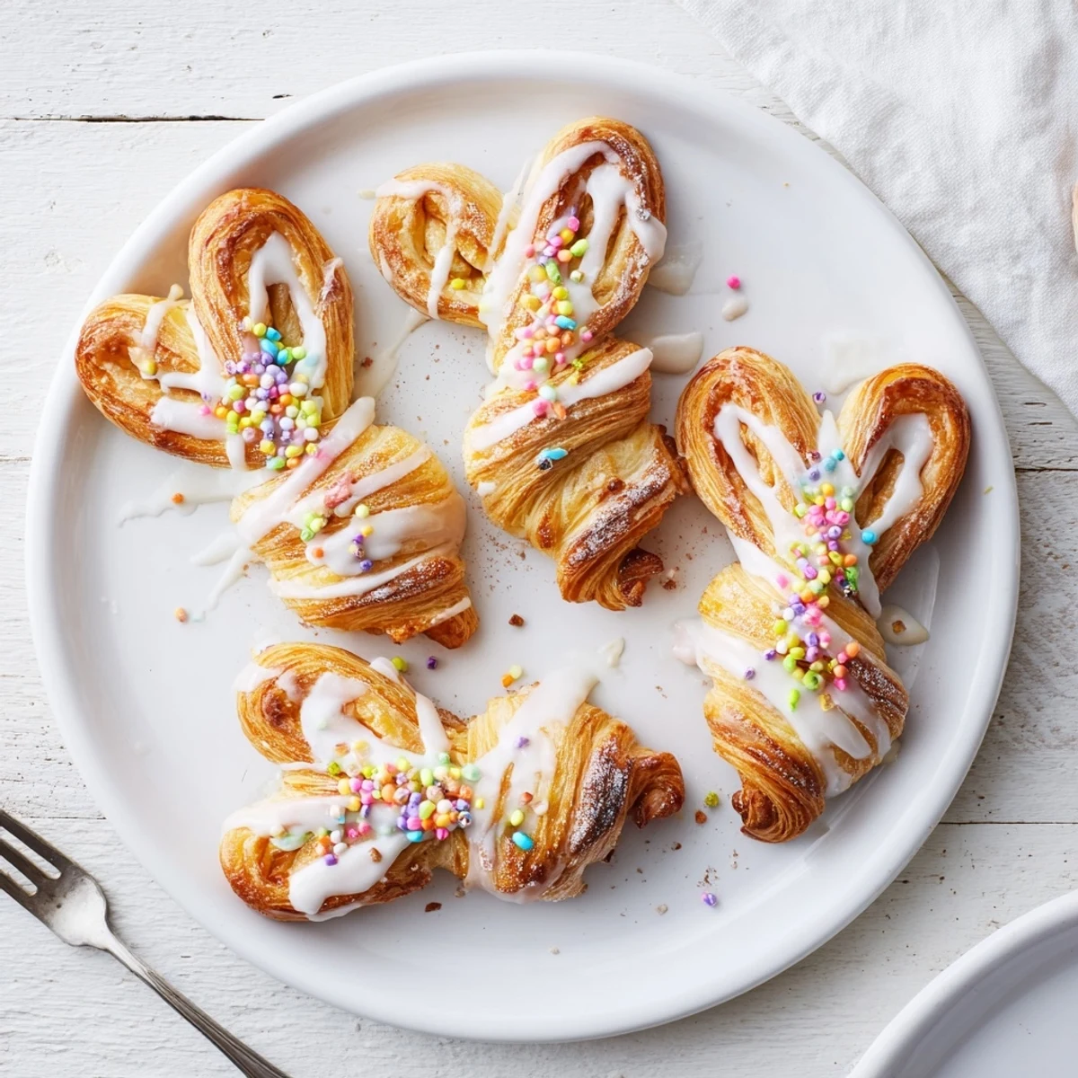 Baked Easter Bunny Twists arranged on white plate with sweet glaze and pastel decorations