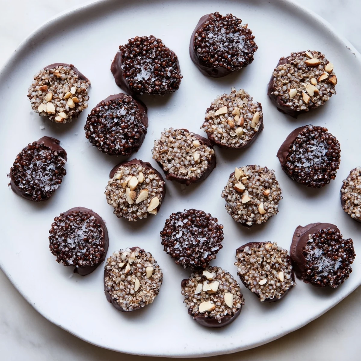 Bite-sized Dark Chocolate Quinoa Crisps showing glossy chocolate coating and crunchy toasted quinoa texture