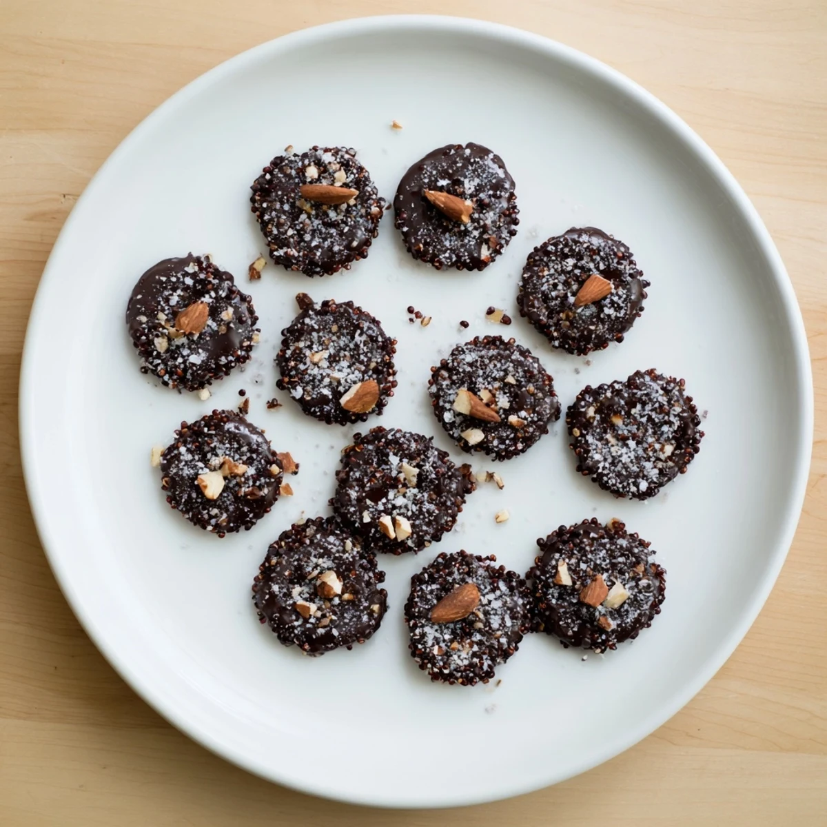Homemade Dark Chocolate Quinoa Crisps arranged on a white plate with visible sea salt crystals
