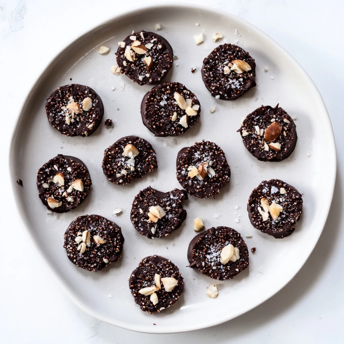Dark Chocolate Quinoa Crisps scattered on marble surface featuring rich dark chocolate and textured quinoa