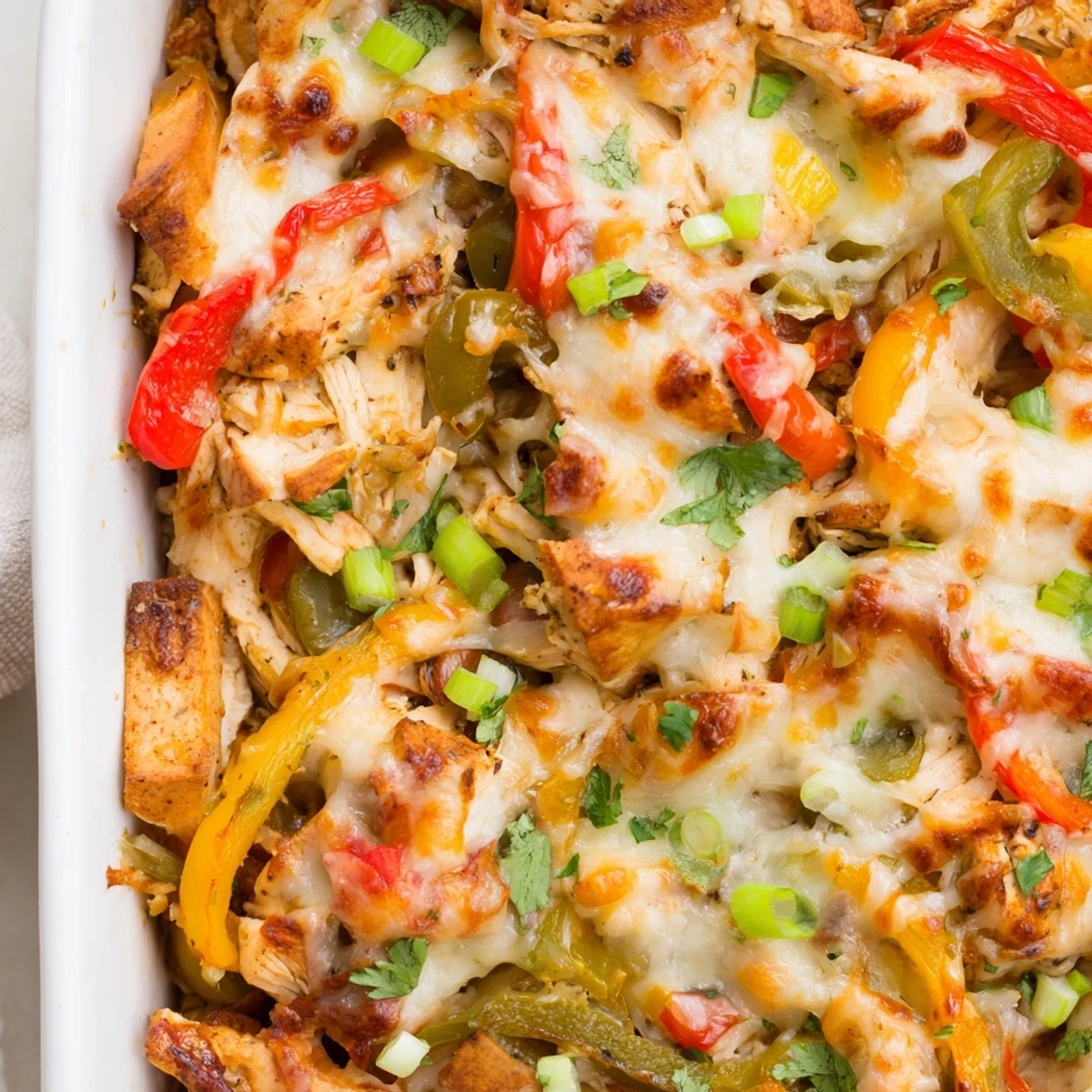 Baked Tex-Mex chicken fajita casserole topped with melted Mexican cheese over tender peppers