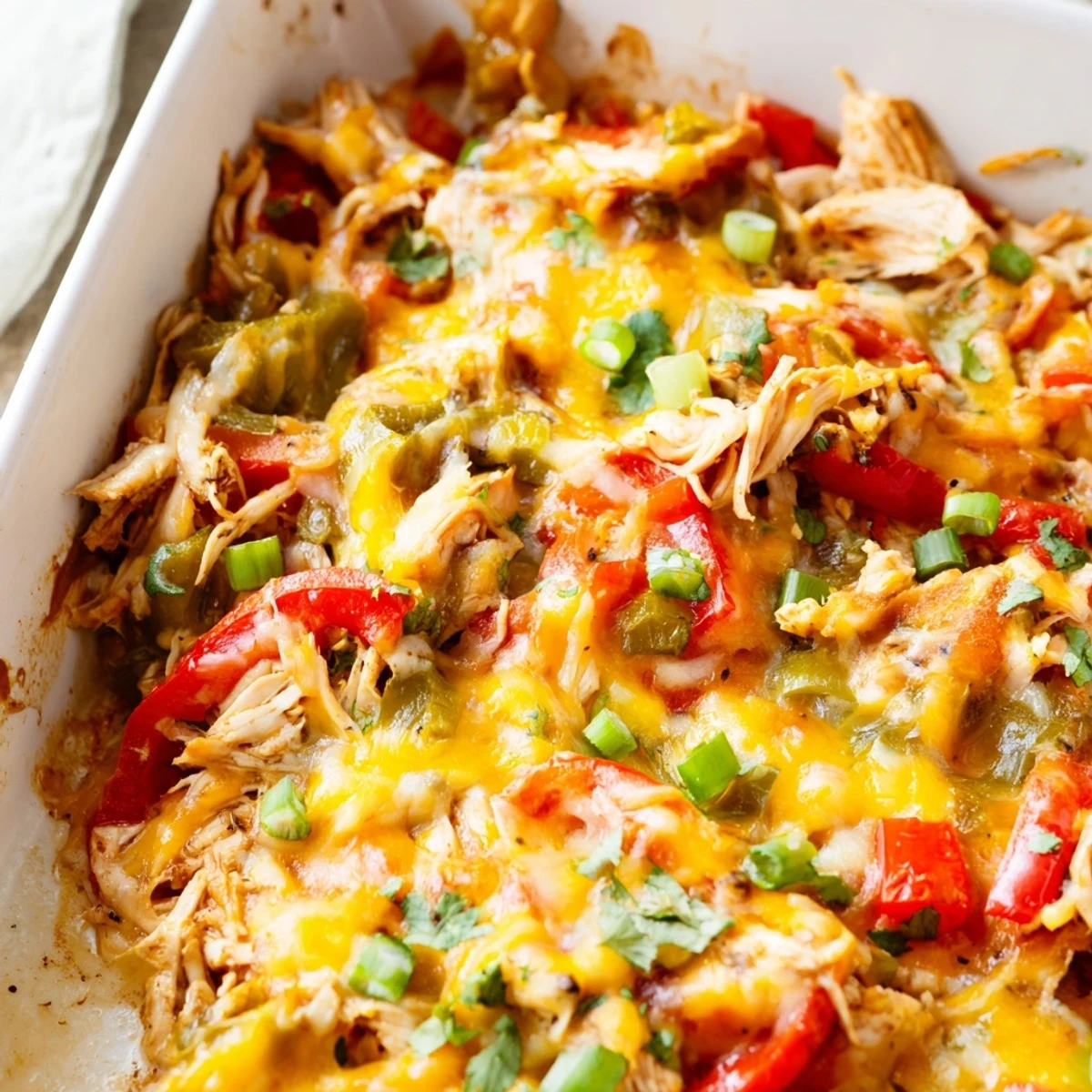 Golden cheesy chicken fajita casserole with colorful peppers bubbling in a baking dish