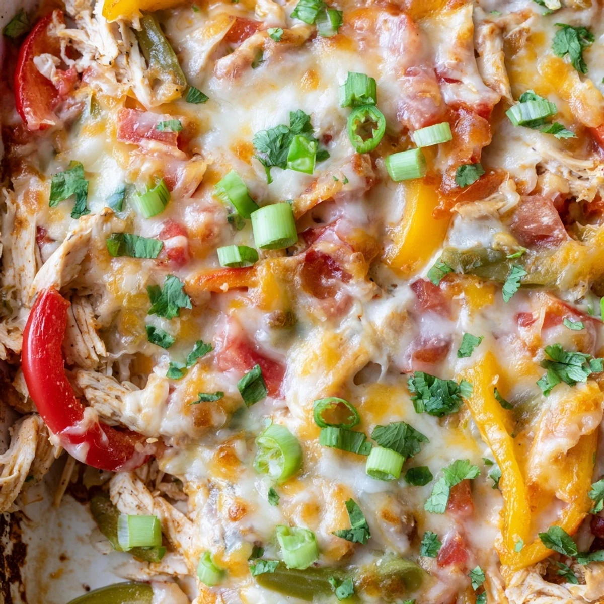 Savory cheesy chicken fajita casserole fresh from the oven with green onion garnish