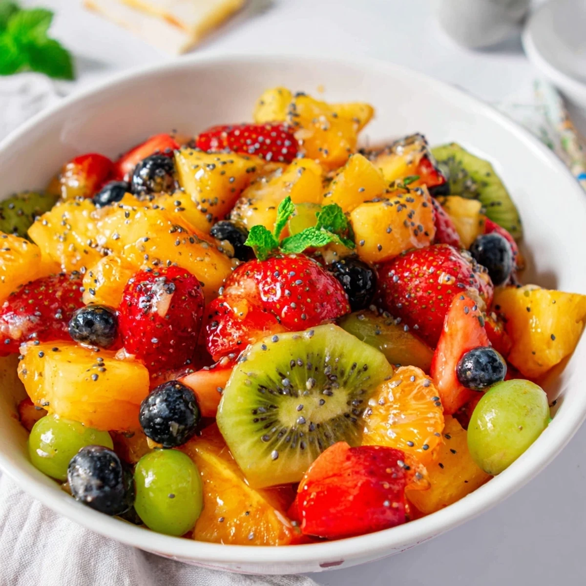 Colorful Easter fruit salad bowl filled with fresh strawberries pineapple kiwi and blueberries