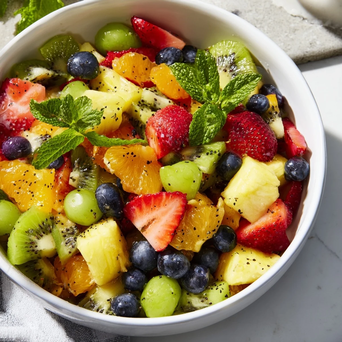 Refreshing Easter fruit salad topped with mint leaves and honey lime drizzle
