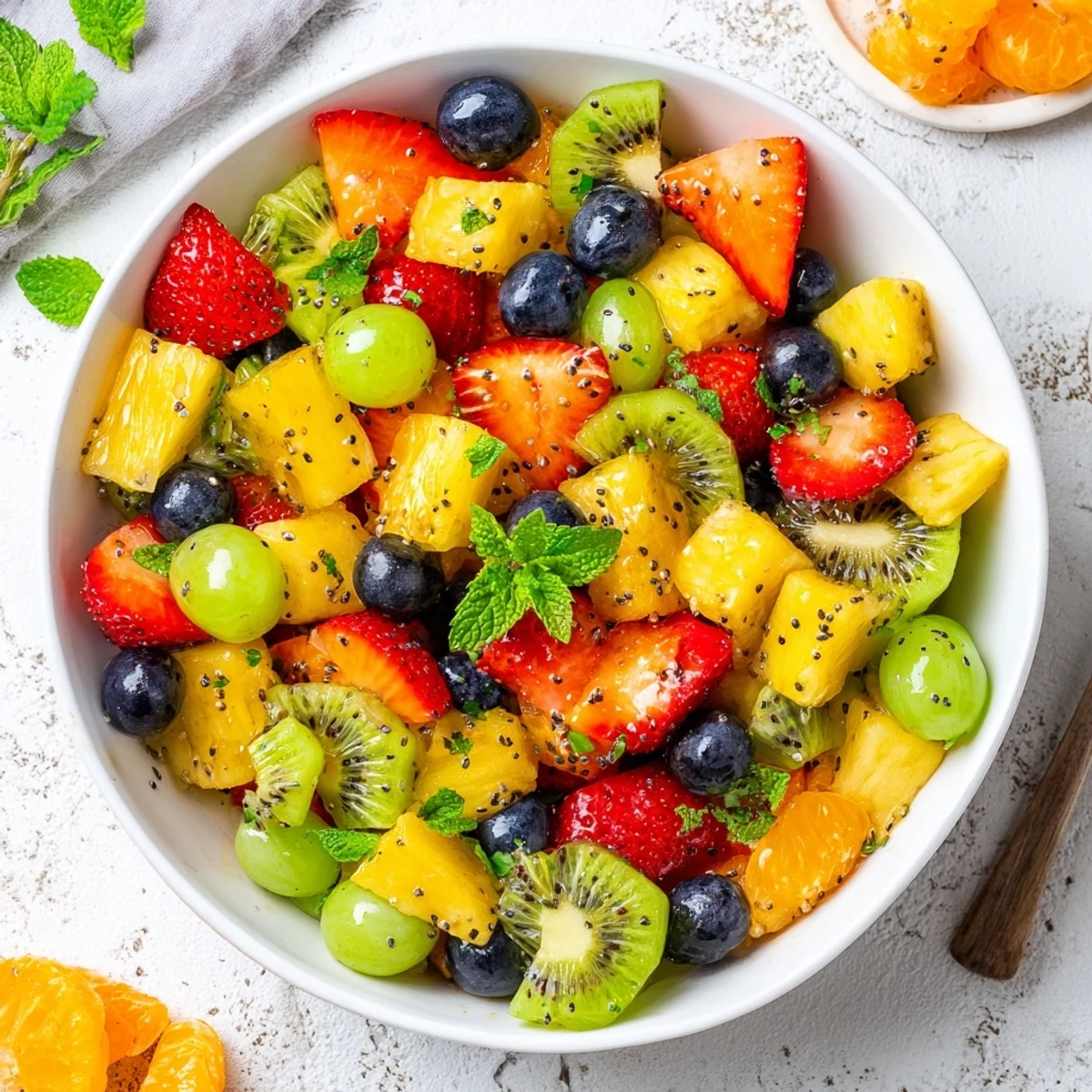 Festive Easter fruit salad displaying vibrant mixed fruits in a white serving bowl