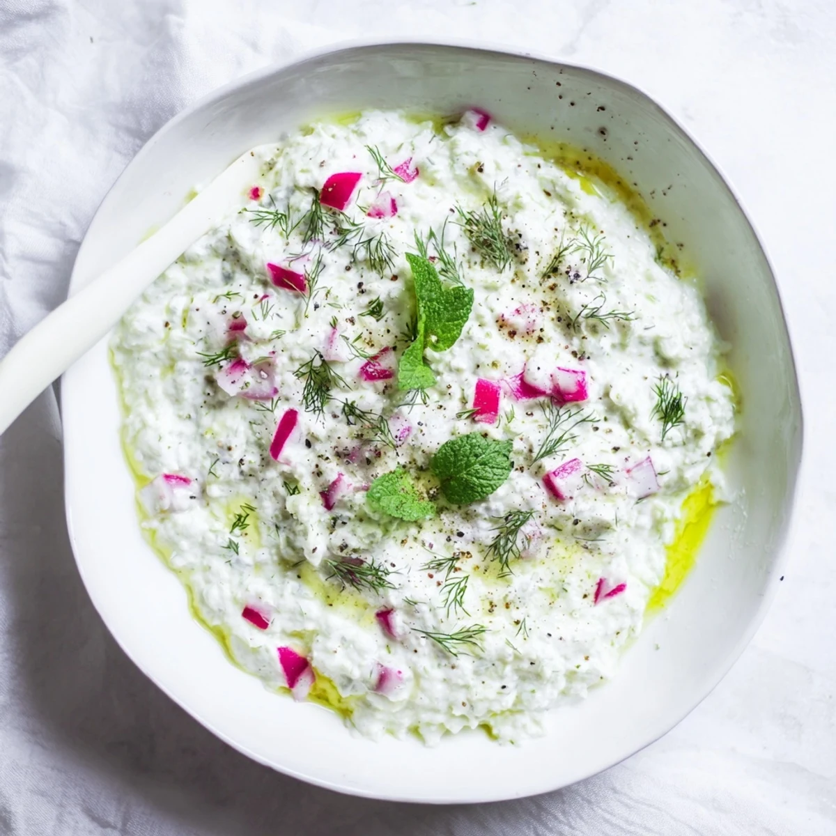 Vibrant healthy radish tzatziki dip with grated radishes and cucumber ready for dipping vegetables