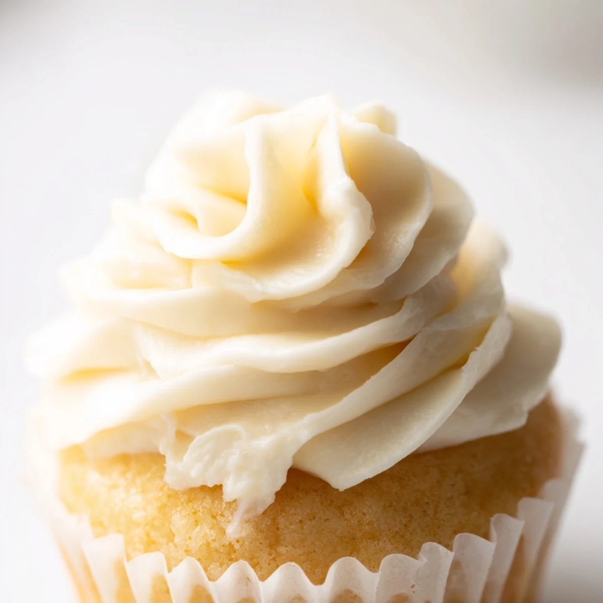 Golden vanilla cupcakes topped with fluffy white buttercream frosting, freshly baked and ready to serve