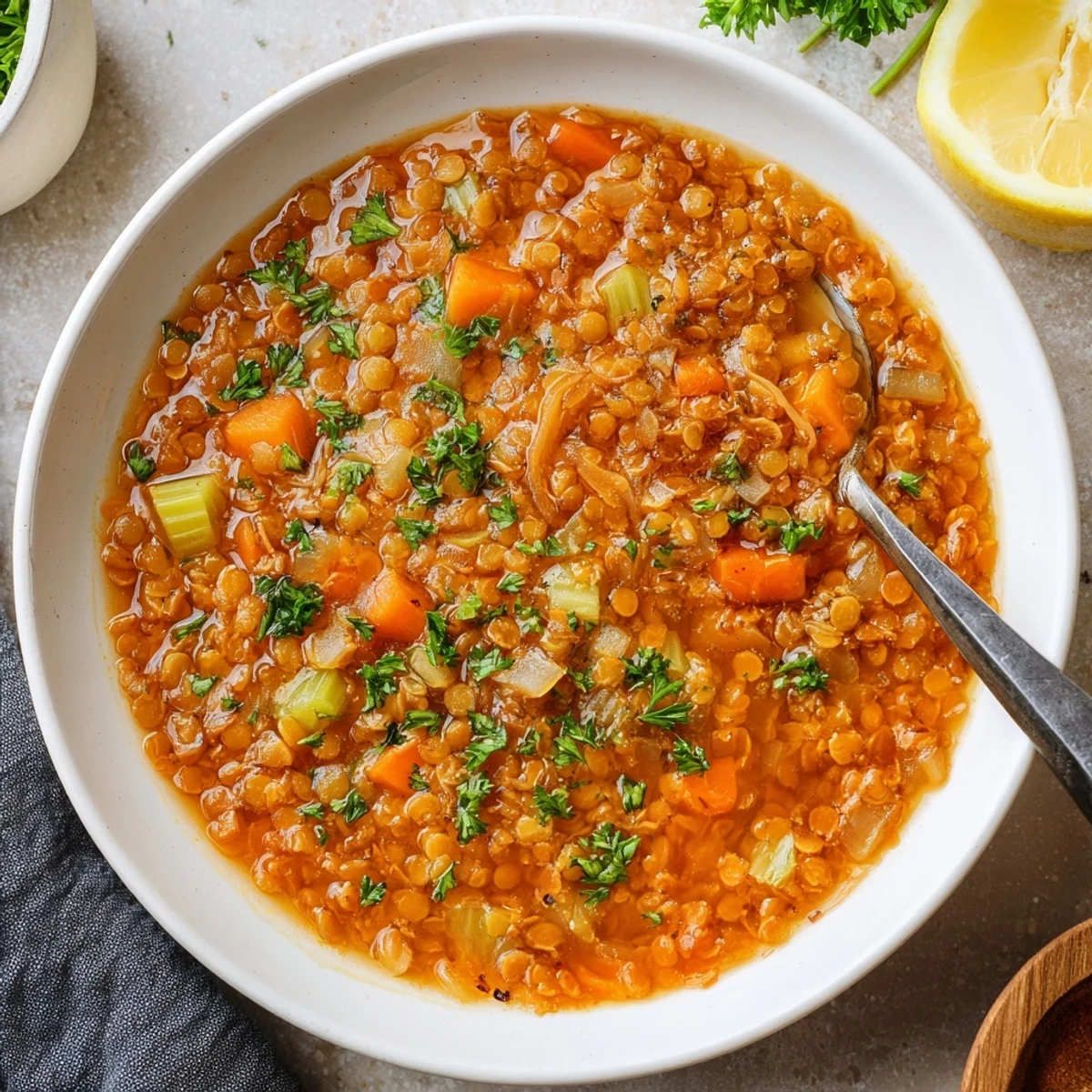 Golden bowl of caramelized onion red lentil soup garnished with fresh parsley and lemon wedge