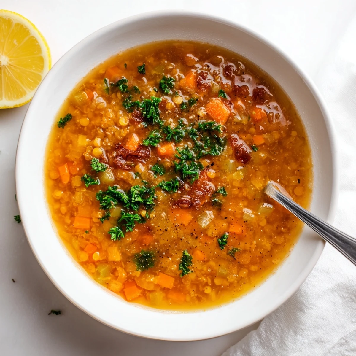Steaming caramelized onion red lentil soup with golden onion pieces and vibrant green parsley topping