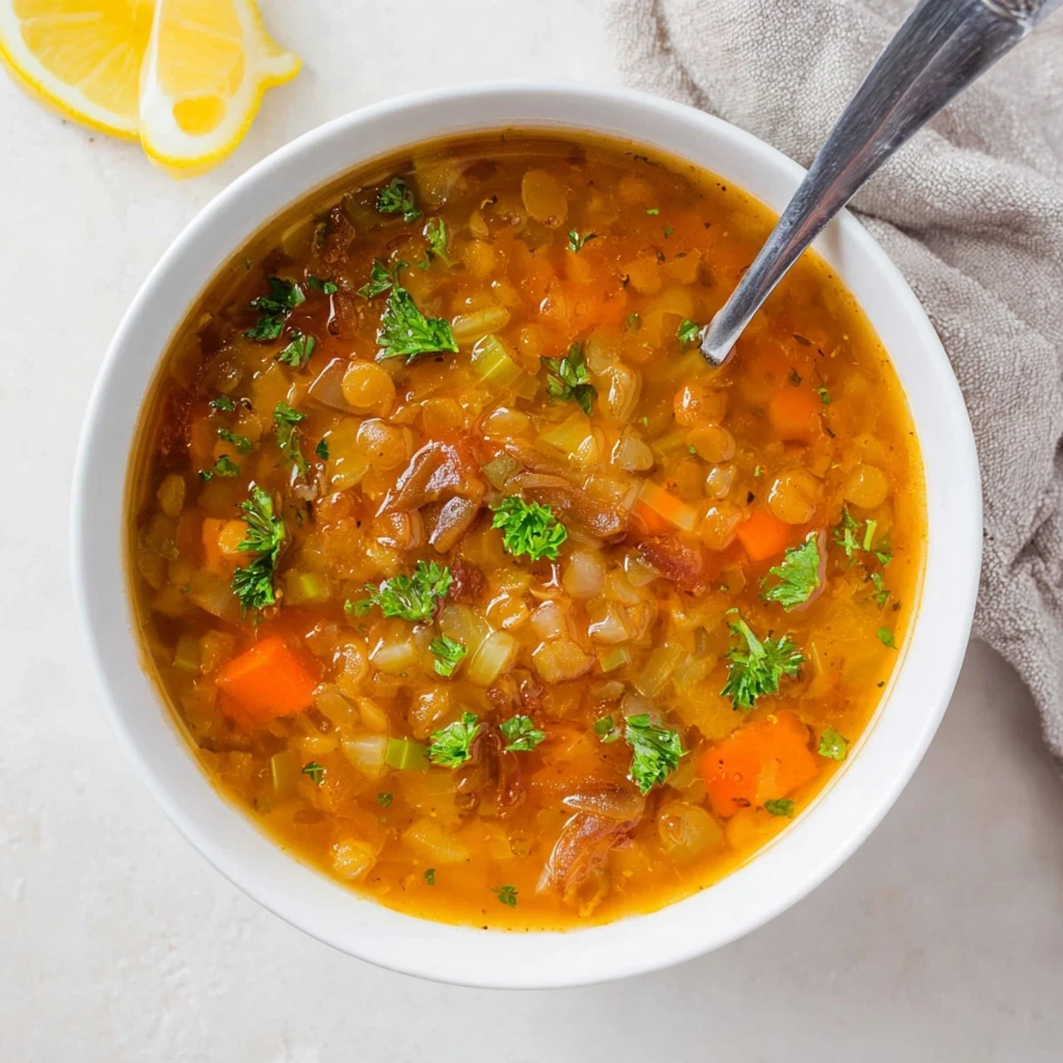 Creamy caramelized onion red lentil soup served with crusty bread in rustic white bowl