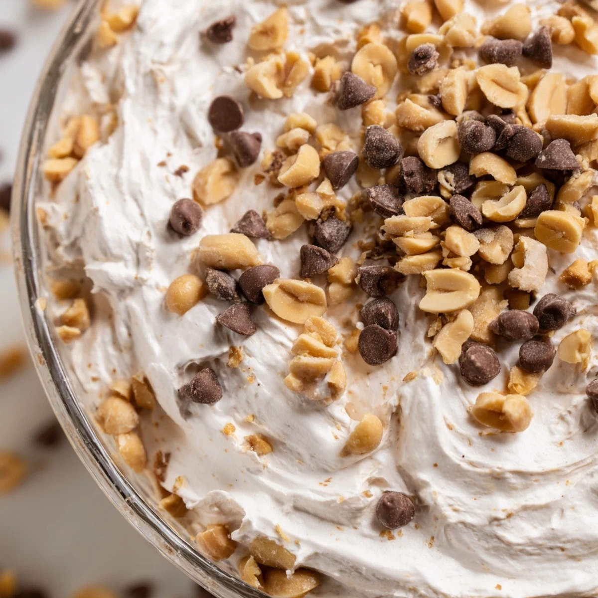 Fluffy peanut butter and Cool Whip mousse scooped into elegant dessert glasses for easy serving