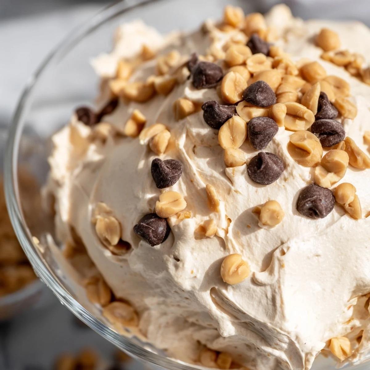 Light and airy peanut butter mousse dessert garnished with chopped peanuts ready for chilled enjoyment