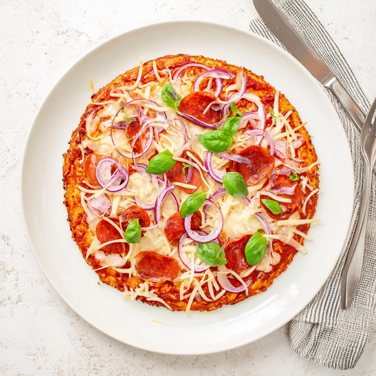 Golden crispy chicken crust pizza topped with melted mozzarella and colorful vegetables