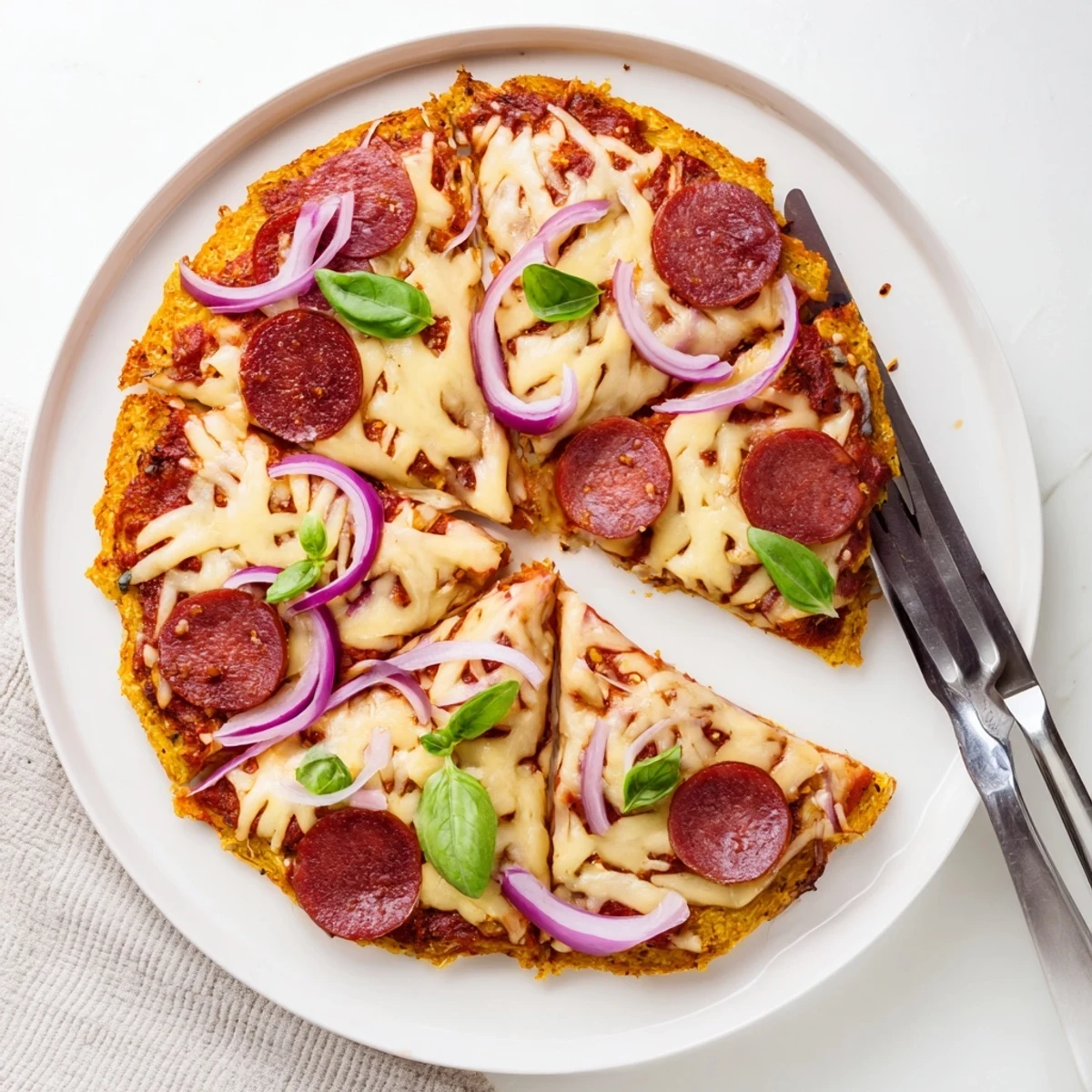Sizzling low carb chicken crust pizza fresh from the oven with bubbling cheese