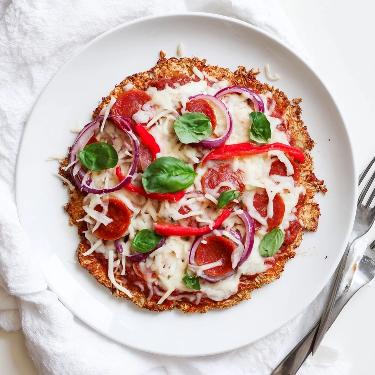 Gluten-free chicken crust pizza slice featuring pepperoni onions and fresh basil garnish
