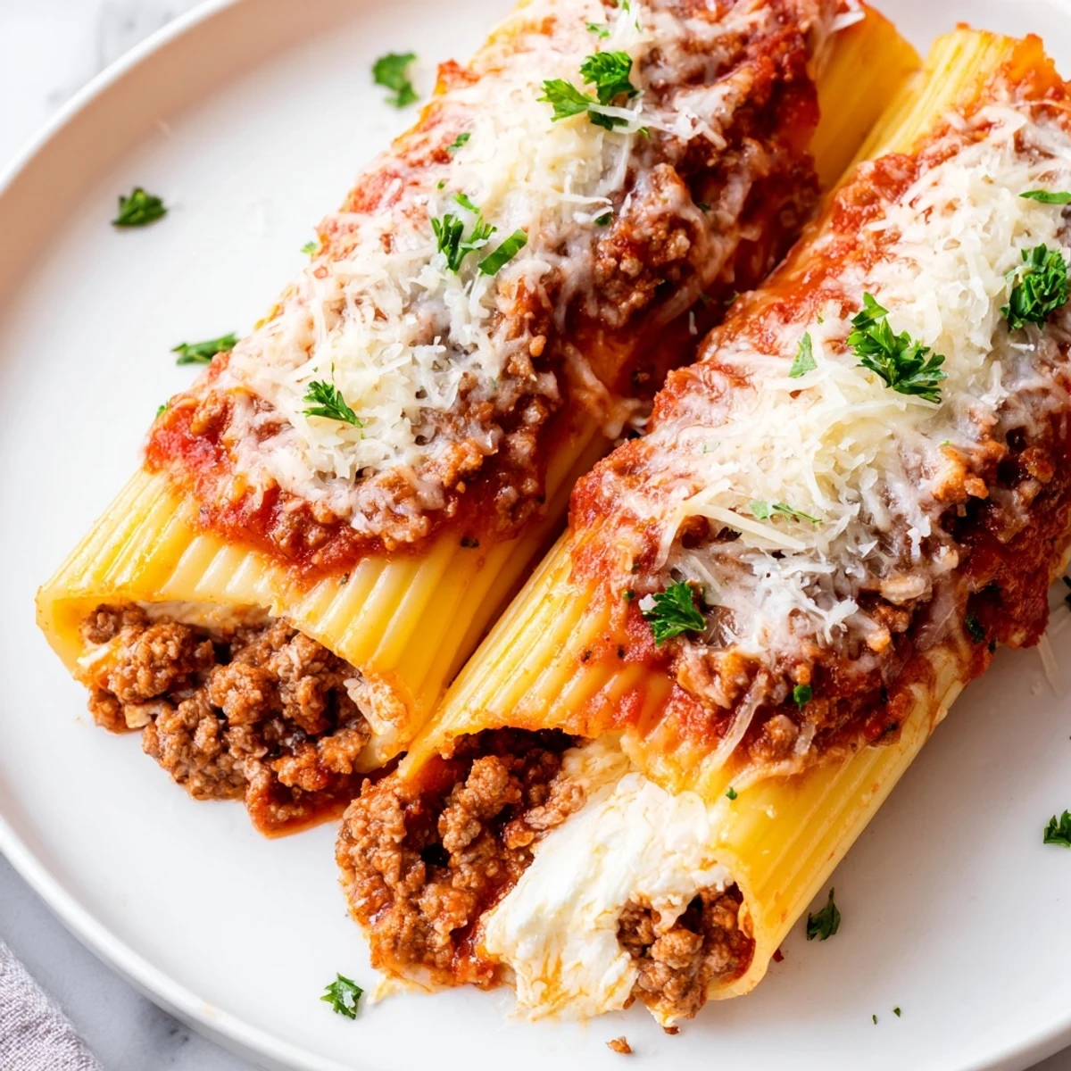 Baked cheesy stuffed manicotti with rich meat sauce and melted mozzarella cheese topping