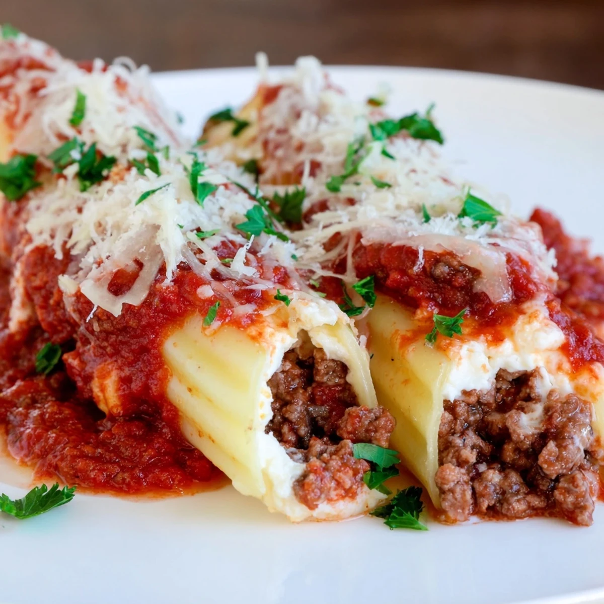 Golden manicotti filled with ricotta and parmesan cheese in homemade tomato beef sauce