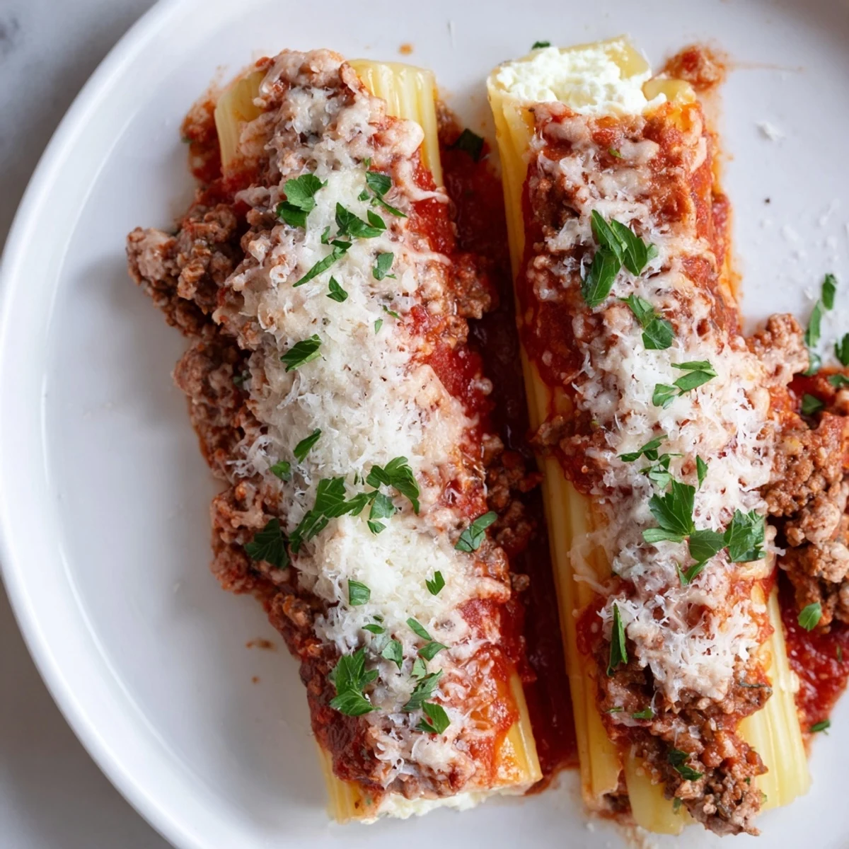 Tender pasta tubes stuffed with three-cheese blend and savory Italian meat sauce casserole