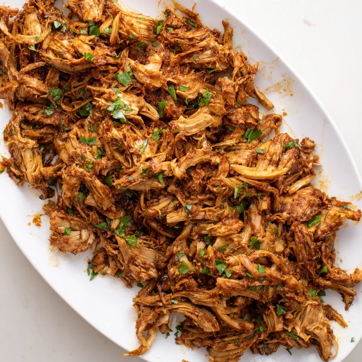 Golden brown shredded vegan carnitas with mushrooms spiced with cumin and smoked paprika in a serving bowl