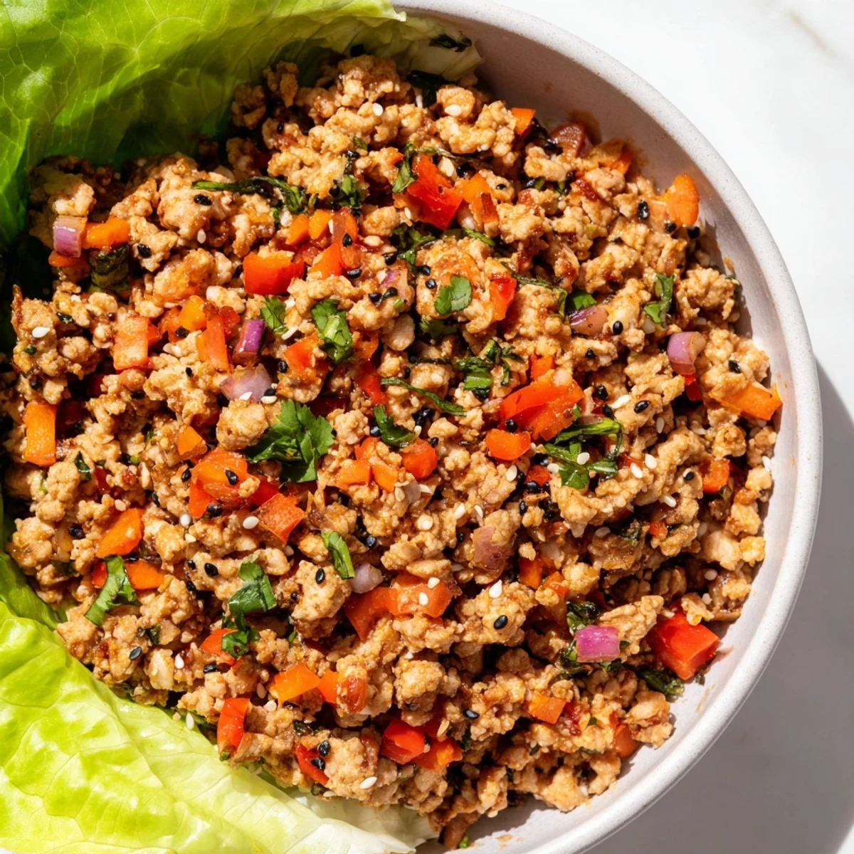 Savory ground turkey lettuce wrap bowls topped with sesame seeds cilantro and bright lime wedges