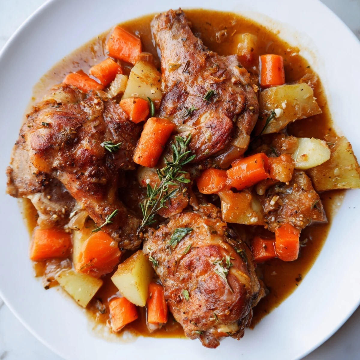 Tender slow cooker chicken dinner with carrots, potatoes, and savory herb sauce in a rustic bowl