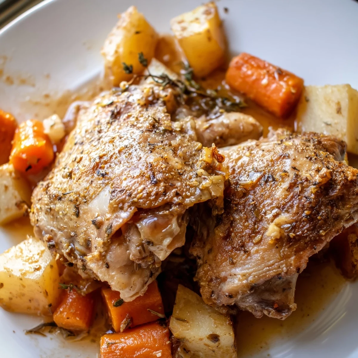 Slow cooker chicken dinner featuring fall-apart meat and colorful vegetables simmered in rich broth