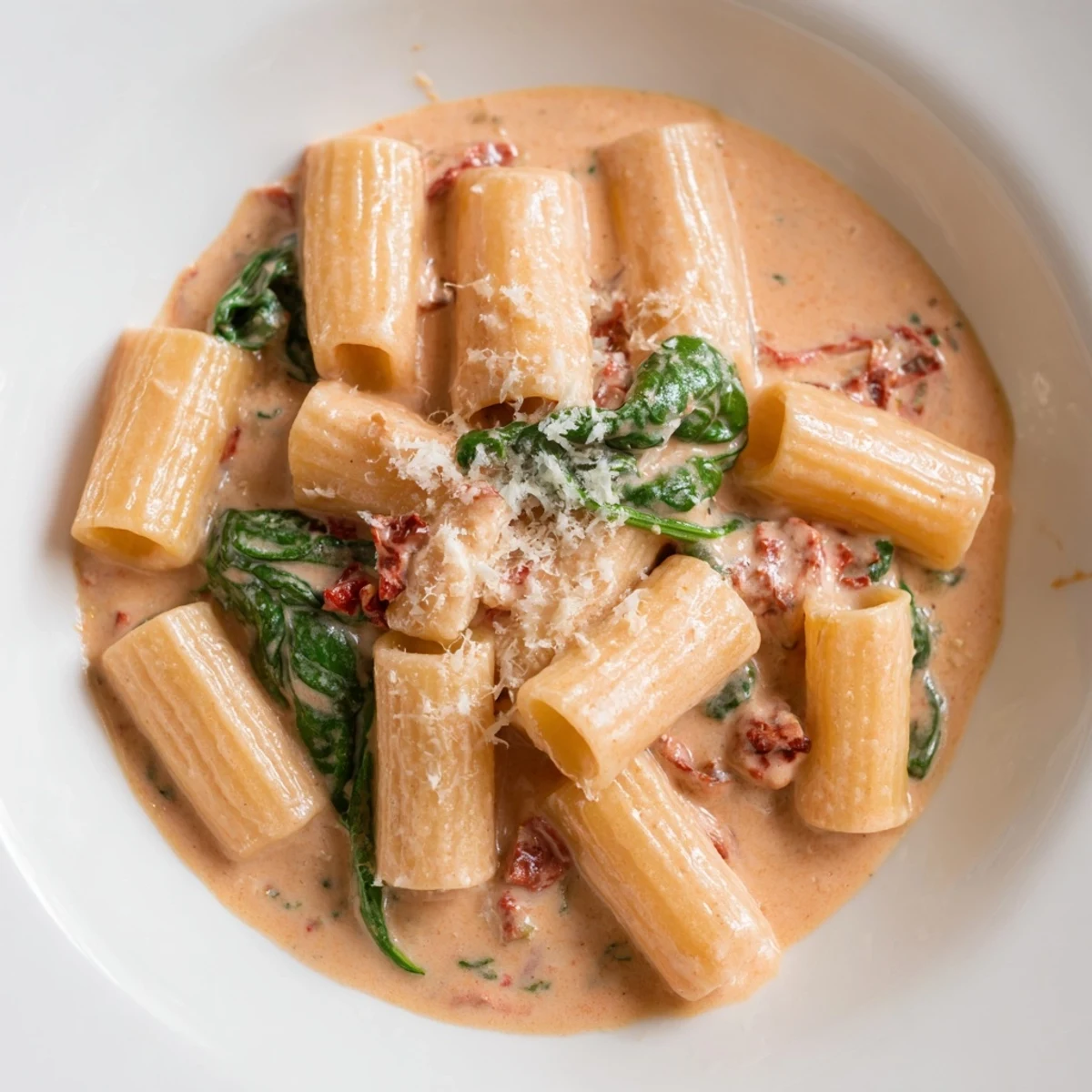 Creamy sun dried tomato spinach pasta in a rustic skillet with vibrant green wilted leaves