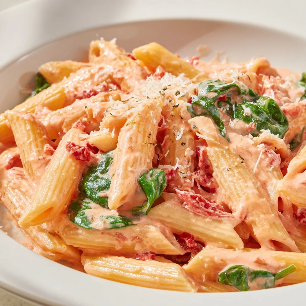 Steaming plate of one pan creamy sun dried tomato spinach pasta coated in velvety sauce