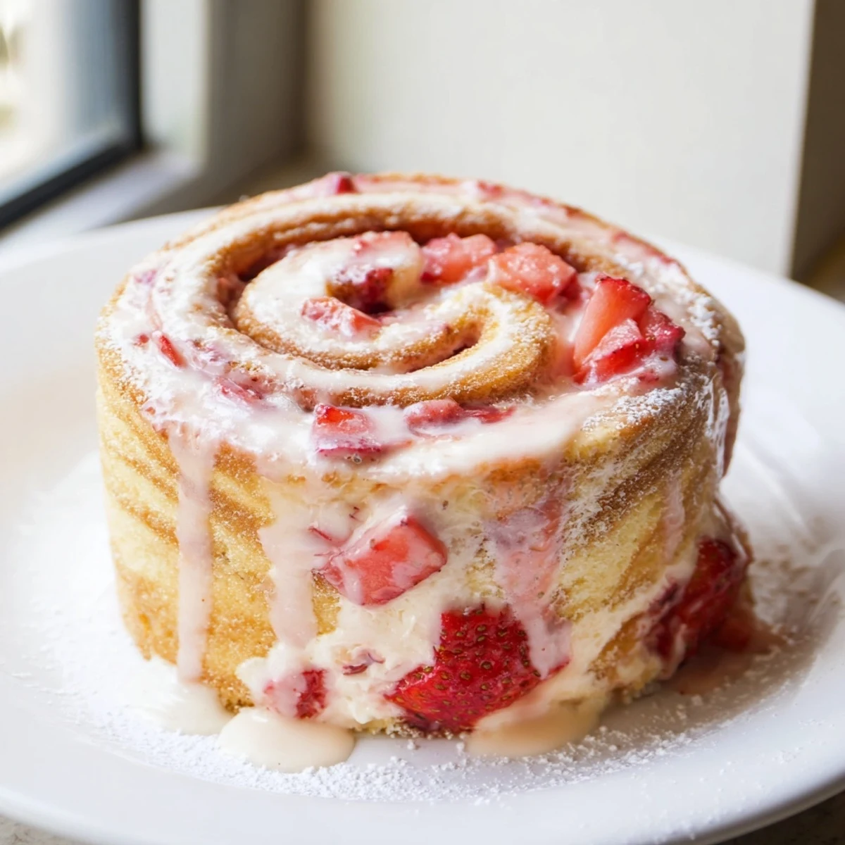 Golden Strawberry Shortcake Cheesecake Rolls drizzled with sweet vanilla glaze on a white plate