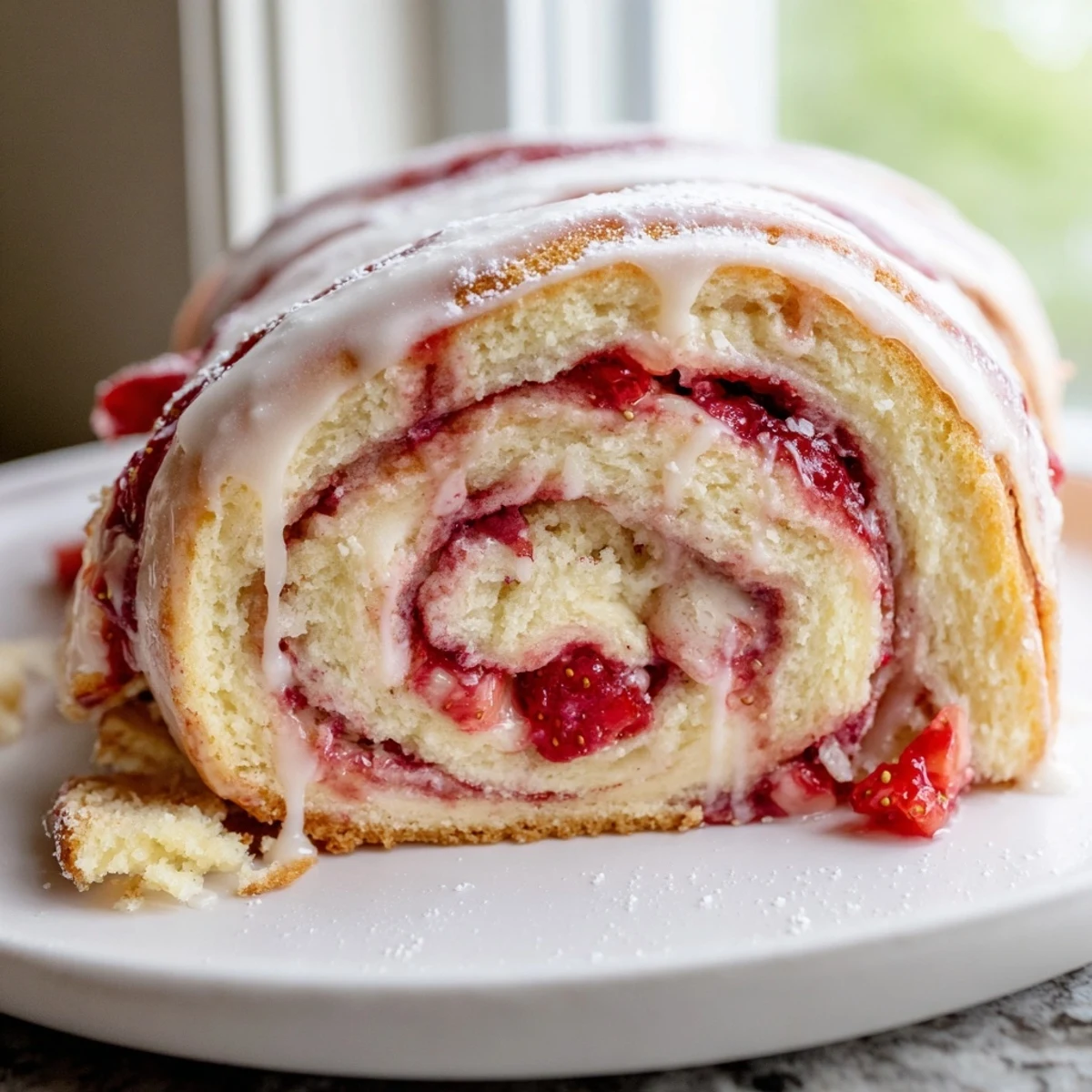 Soft, pillowy Strawberry Shortcake Cheesecake Rolls swirled with creamy cheesecake filling and bright red strawberries