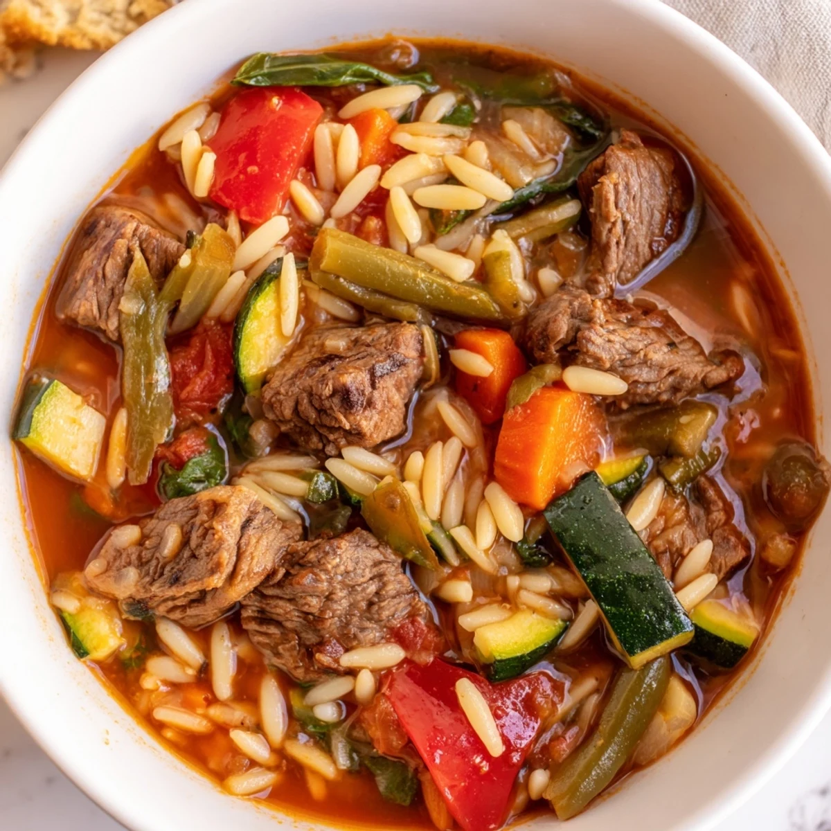 Steaming bowl of hearty beef and orzo soup loaded with colorful garden vegetables