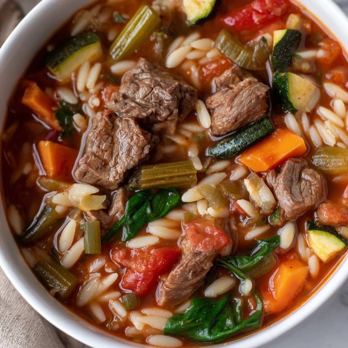Hearty beef and orzo soup featuring tender meat and fresh vegetables in savory broth