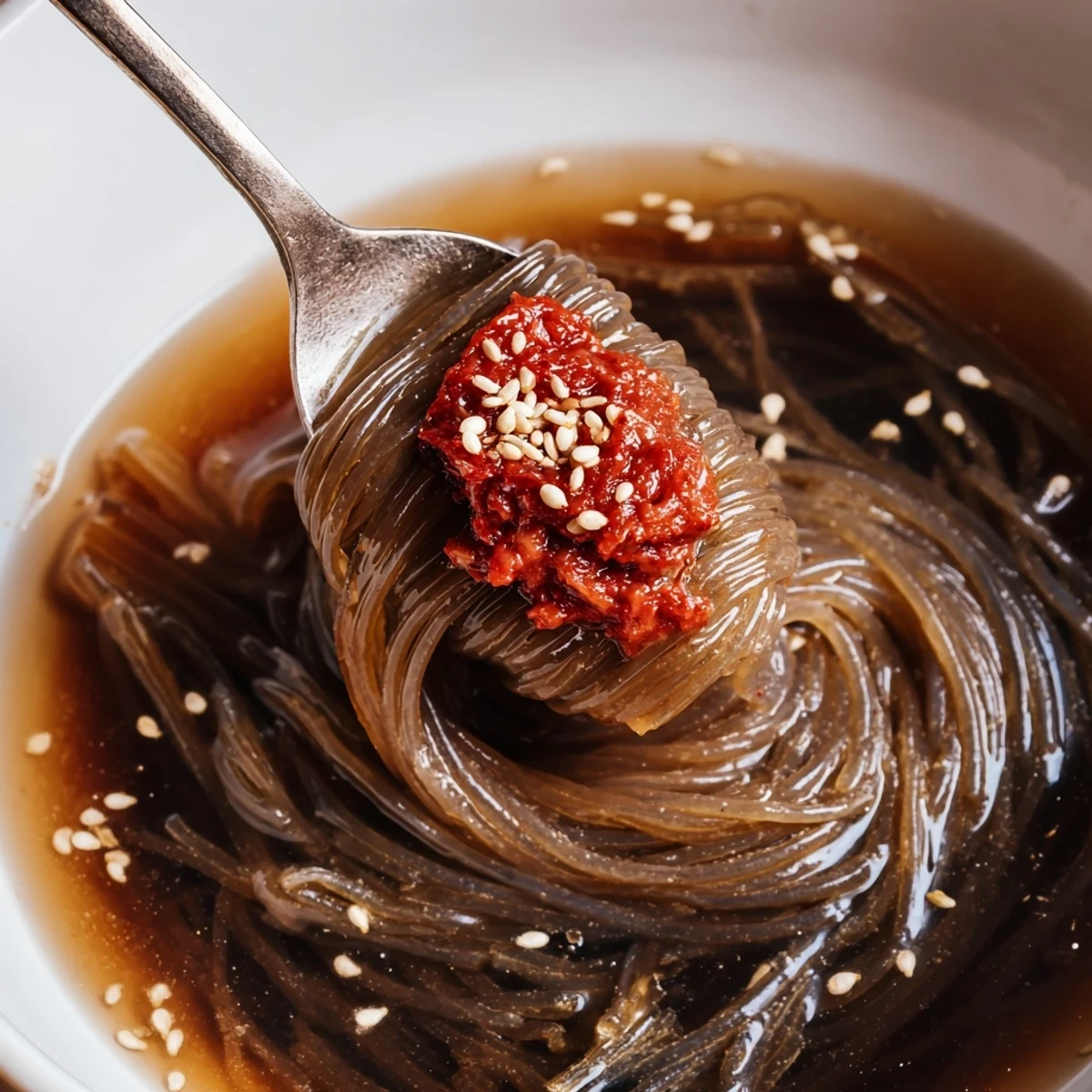 Chewy Korean naengmyeon noodles in icy tangy broth topped with sliced beef and egg