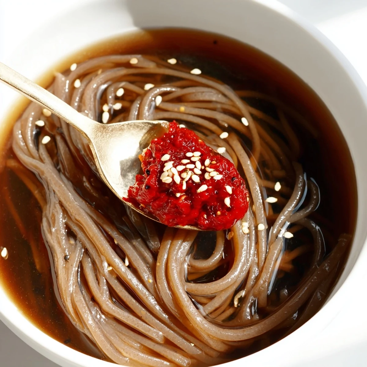 Cold Korean naengmyeon served in a metal bowl with crisp cucumber and Asian pear
