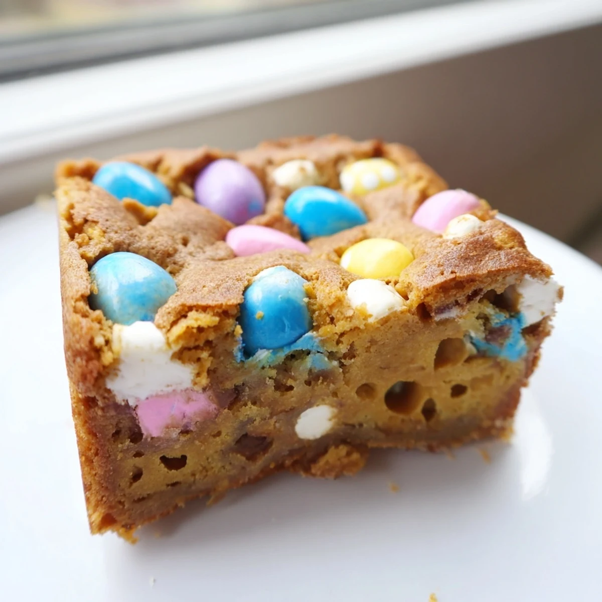 Chewy Mini Cadbury Easter Egg Blondies with colorful candy pieces scattered across golden, gooey squares